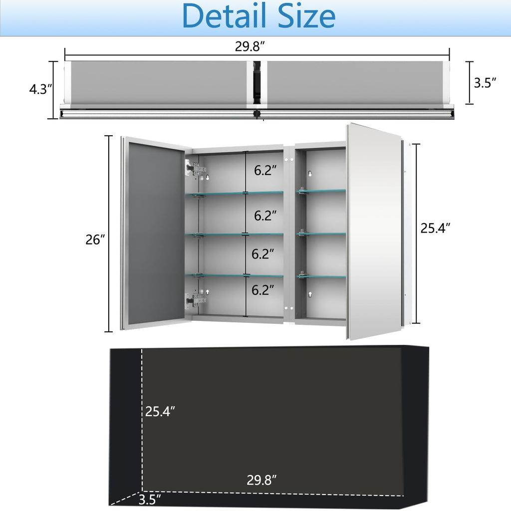 Medicine Cabinet with 26x30 inch Mirror, Mirror Cabinet with Assembly Needed, Aluminum Surface Mount or Recessed Wall