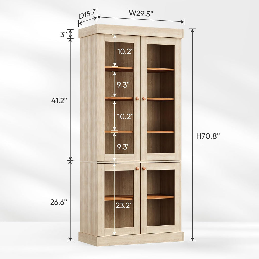 70.8" Tall Brown Bookshelf with Glass Doors, Farmhouse Modular Bookcase with 6-Tier Adjustable Shelves, Large Storage