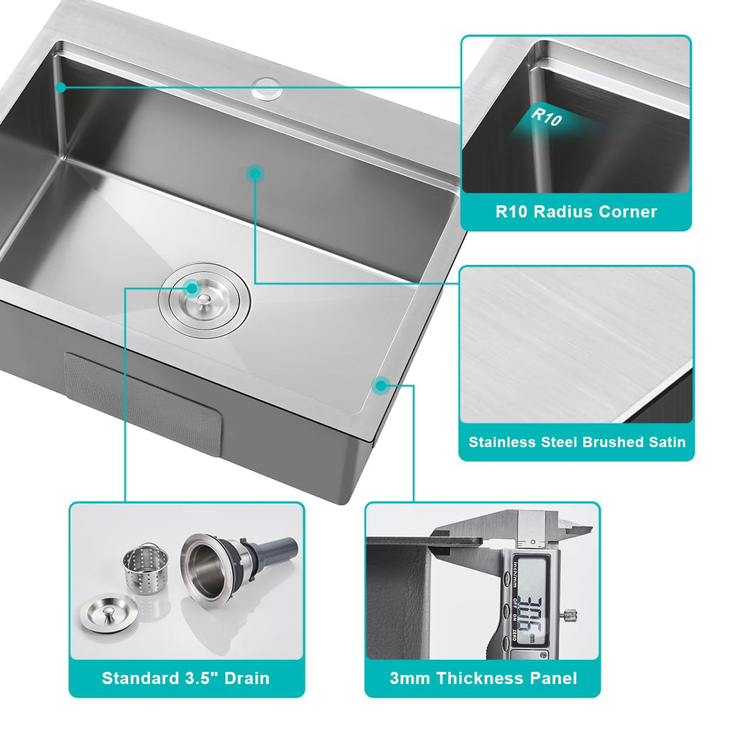 23 x 18 Inch Drop in Workstation Kitchen Sink 304 Stainless Steel