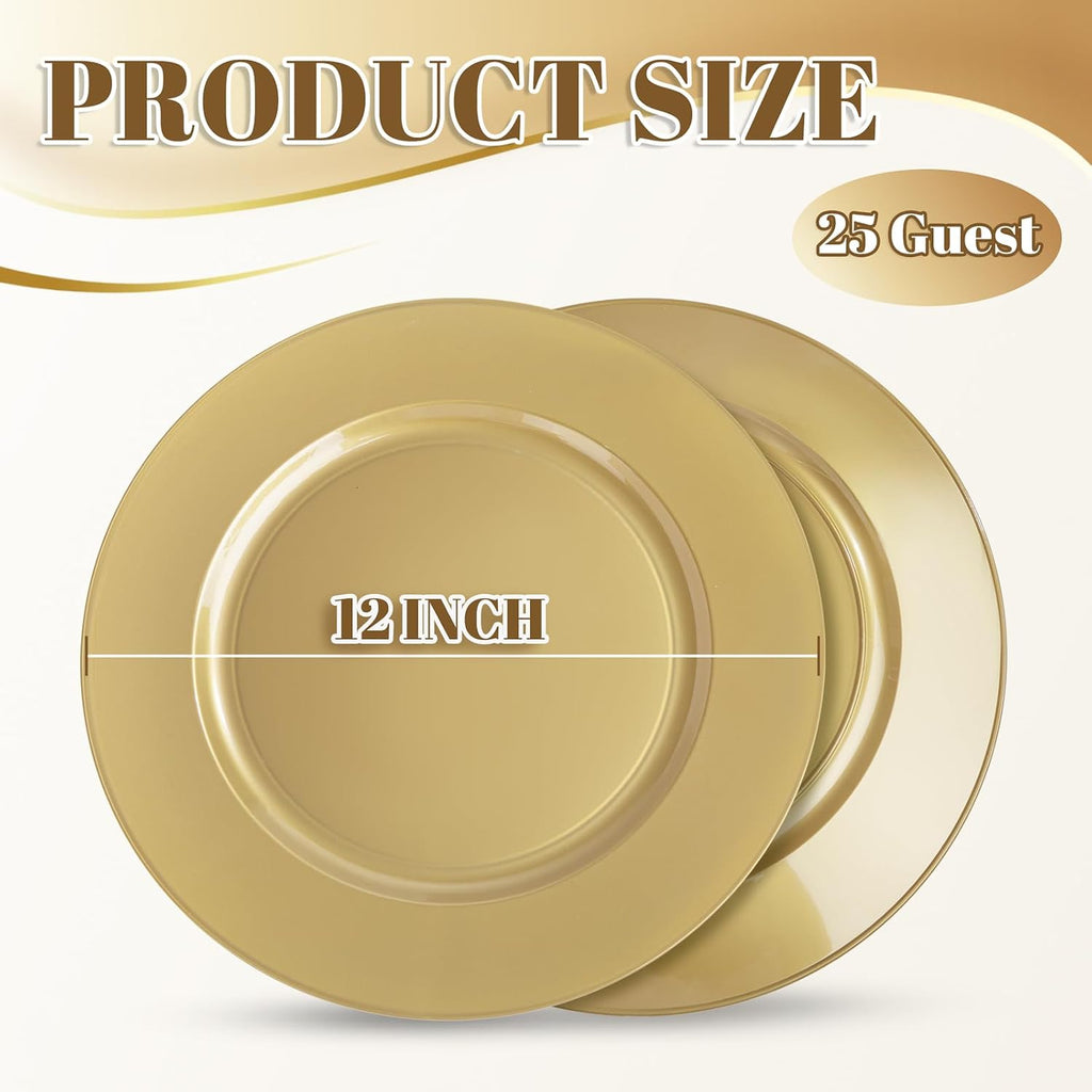12Inch Plastic Charger Plates - 25Pack Gold Charge for Dinner - Disposable Gold Charge Plates - Set of 25