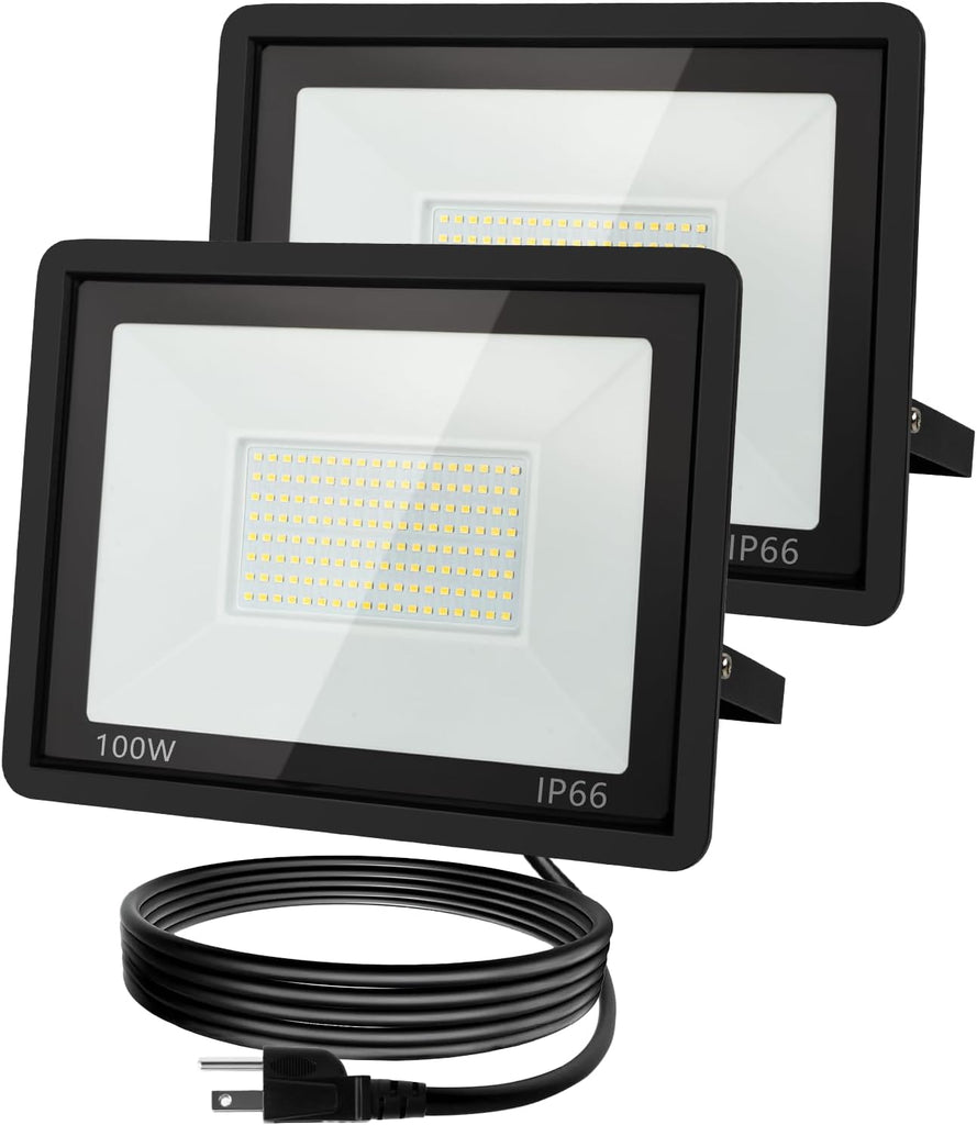 100W LED Flood Light Outdoor, 10000LM Super Bright Floodlight Outside Work Lightwith Plug, 6500K Daylight White LED