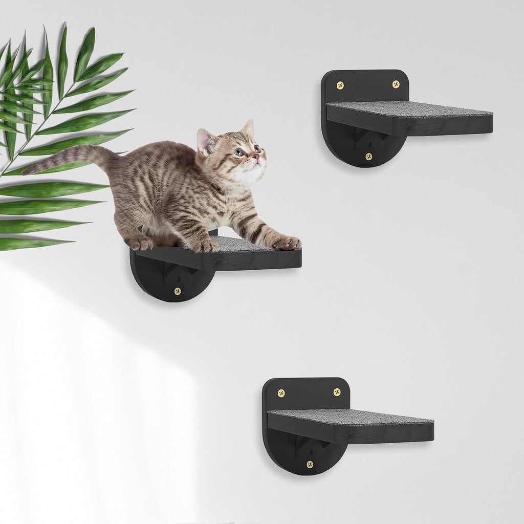 Set of 3 Black Cat Wall Climbing Steps, Wall Mount Floating Shelves