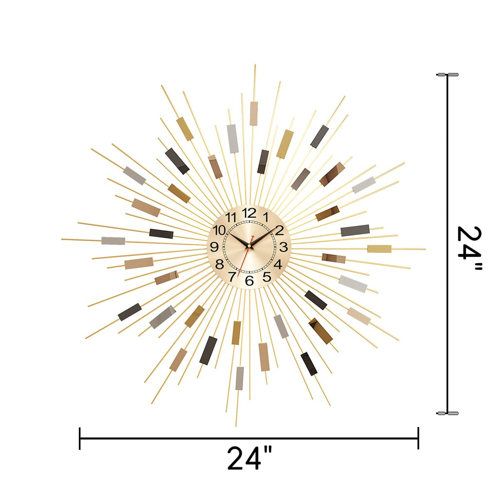 GOD 24" Large Sunburst Wall Clock, Boho Modern Farmhouse Metal Decorative Clock, Silent Non‐Ticking Battery Powered