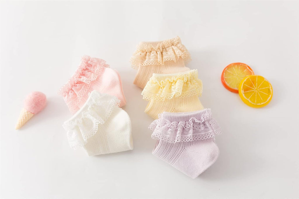 Toddler Girls Ruffle Lace Trim Cotton Socks Eyelet Frilly Dress Socks Pack