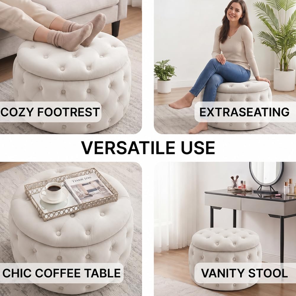 Oval Storage Ottoman with Button-Tufted Diamond Stitch, Upholstered Storage Bench with Lift Top, Multifunctional