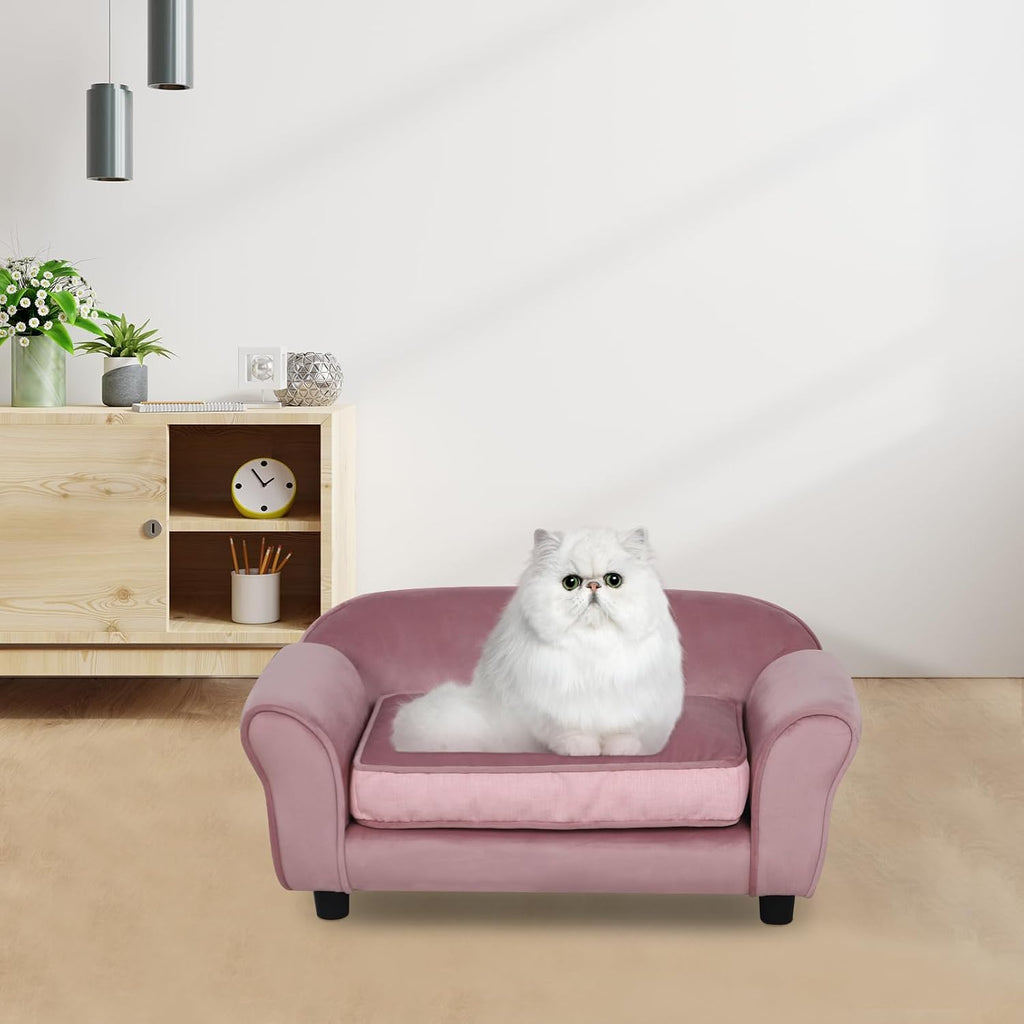 Small Dog Sofa Bed, Pet Sofa Bed, Dog Couch, Puppy Sofa, Velvet Cat Couch with Washable Cushion and Plastic Legs, Pink