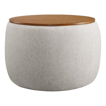 Perla 26 Inch Round Storage Ottoman with Tray Lid in Ivory Fabric -Heathered Fabric Ottoman - Versatile Footrest