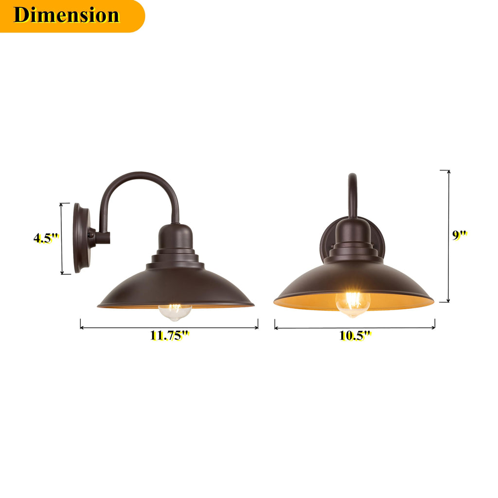 2 Pack Bronze Vanity Barn Lights, Farmhouse Gooseneck Wall Sconce with E26 Socket, Round Outdoor/Indoor Metal Light