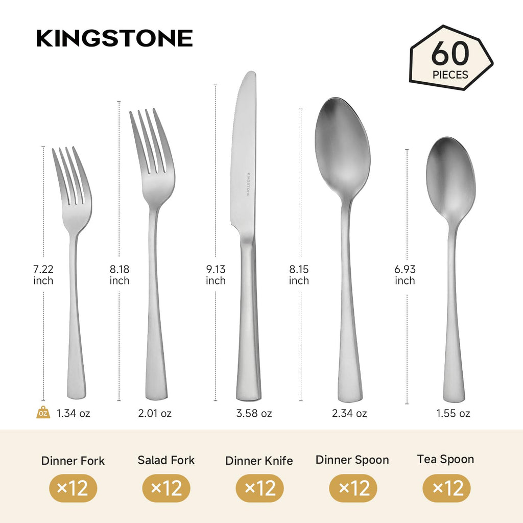 18/10 Flatware set for 12, 60 Piece Matte Stainless Steel Silverware Set