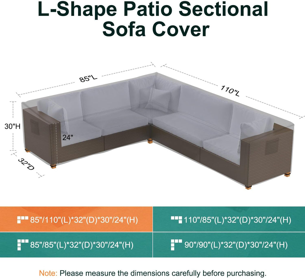 L-Shaped Patio Sectional Sofa Cover, Waterproof Outdoor Sectional Cover, Heavy Duty Garden Furniture Cover with Air
