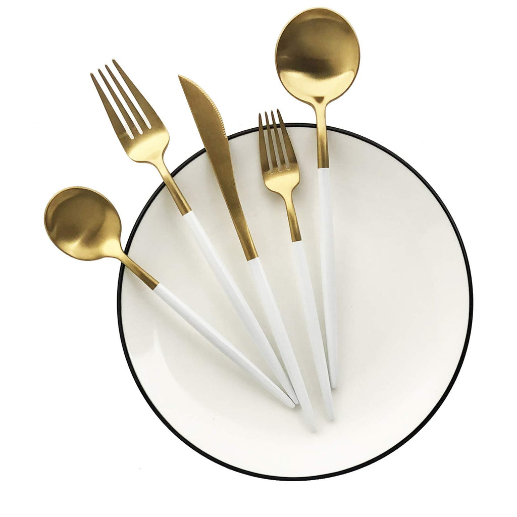 Silverware Set, Hand polished Matte Gold White Flatware Cutlery Set Service for 2, Satin Finish 10 Pieces 18/10