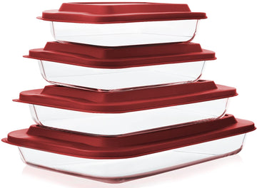 8 Piece Deep Glass Baking Dish with Lids, BPA free, Red