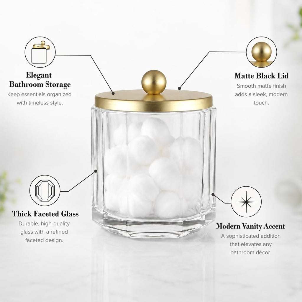 Clear Transparent Apothecary Octagional Shaped Glass Canister Jar With Gold Metal Lid Cover Organization, Cotton
