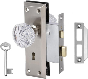 Mortise Lock Set for Interior Door,Antique Door Knobs with Lock and Skeleton Key, Crystal Glass Door Knob