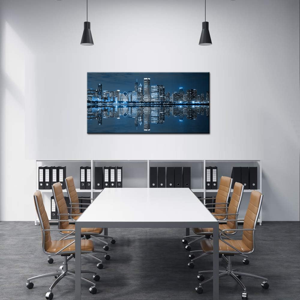 Modern City Wall Art Chicago Downtown at Night Picture Print on Canvas Building Artwork Living Room Wall Decoration