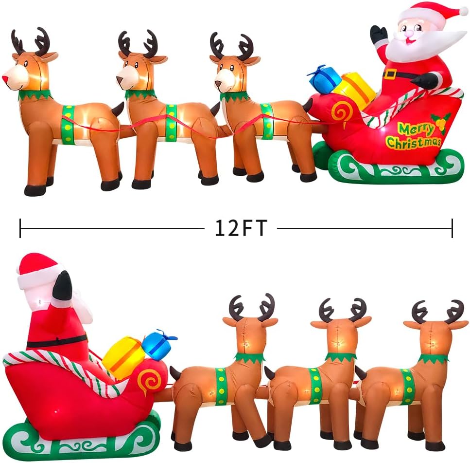 12FT Christmas Inflatables Santa Claus on Sleigh with Reindeer Deer Merry Christmas Winter Blow up Yard Décor LED