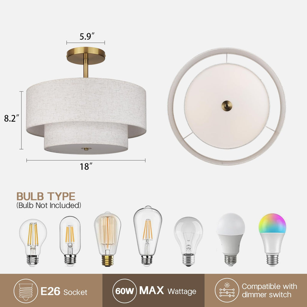 18 Inch Large Semi Flush Mount Ceiling Light Fixture with Dual Drum Design, Gold Farmhouse Fabric Linen Shade, and
