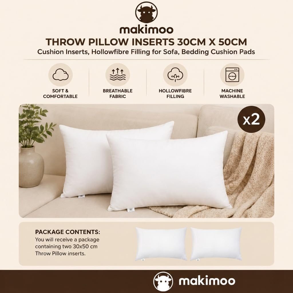 Throw Pillow Inserts 30 x 50cm (12" x 20"), Cushion Inserts, Hollowfibre Filling for Sofa, Bedding Cushion Pads (Pack - Set of 2