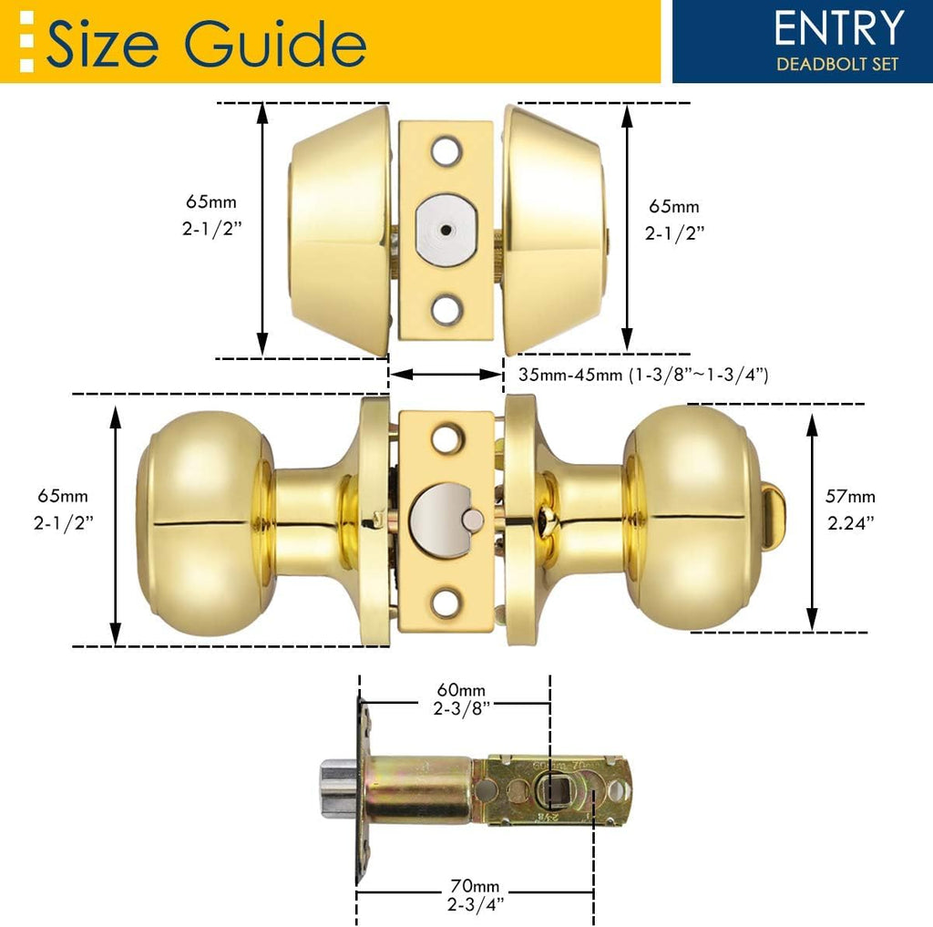1 Pack Polished Brass Round Style Entry Door Knobs and Deadbolt Combination Set, Keyed Alike Double Cylinder Deadbolt