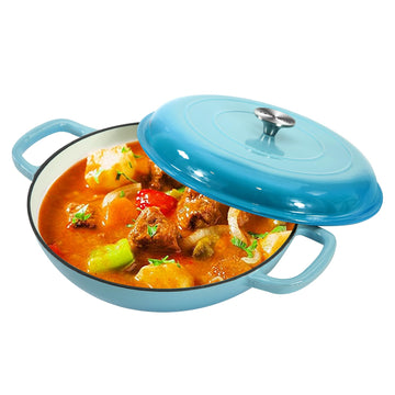 3.8 Quart Enameled Cast Iron Braiser Pan with Lid, Shallow Dutch Oven, Teal