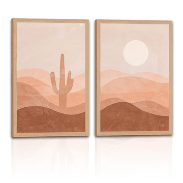 Boho Desert Wall Art Set of 2, Framed Cactus &Sun Landscape Prints 12x16in