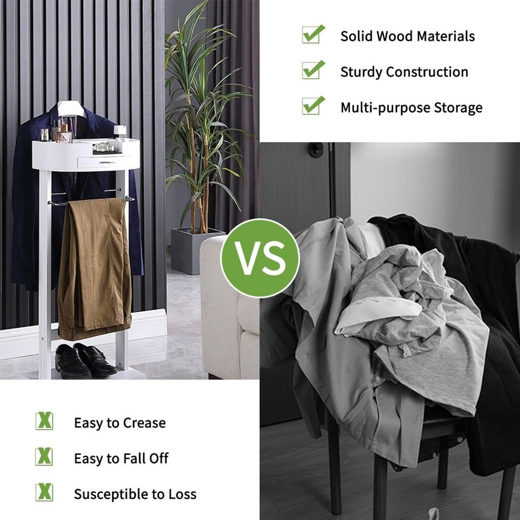 White Valet Stand For Women With Drawer Wood Suit Stand For Mens with Contour Hanger Trouser Shoe Rack Tie & Belt