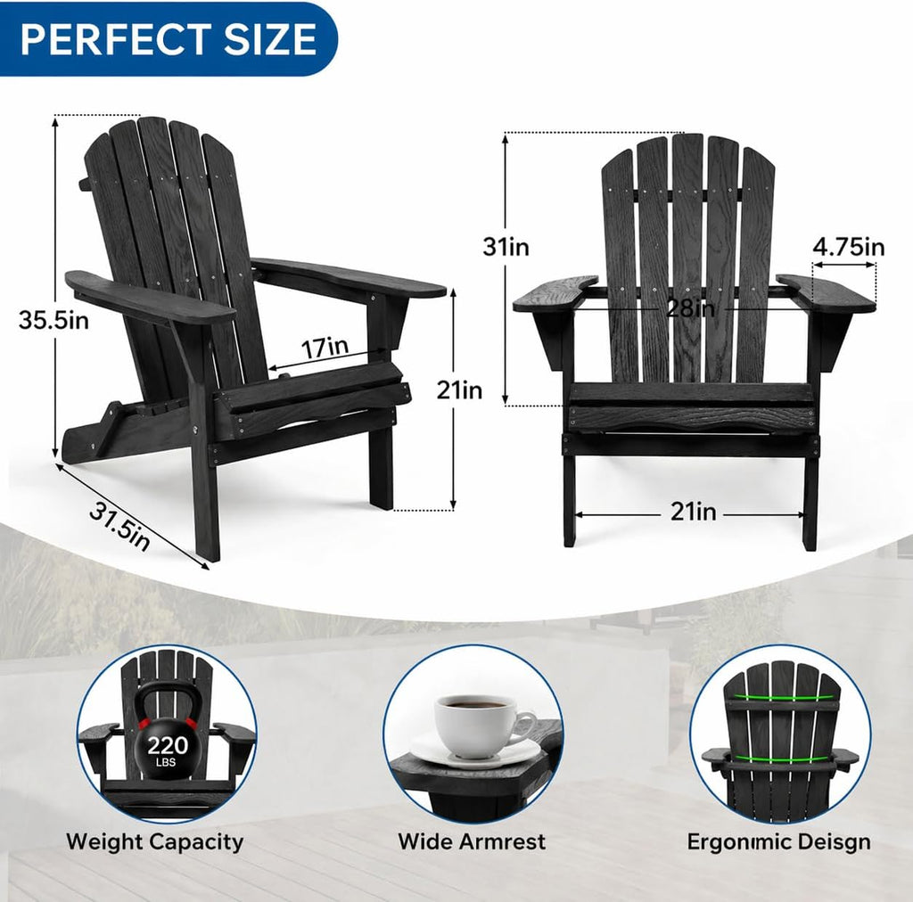 Adirondack Chairs Set of 2, Outdoor Folding Wood Adirondack Chairs with Pre-Assembled Backrest, Wood Patio Chair for