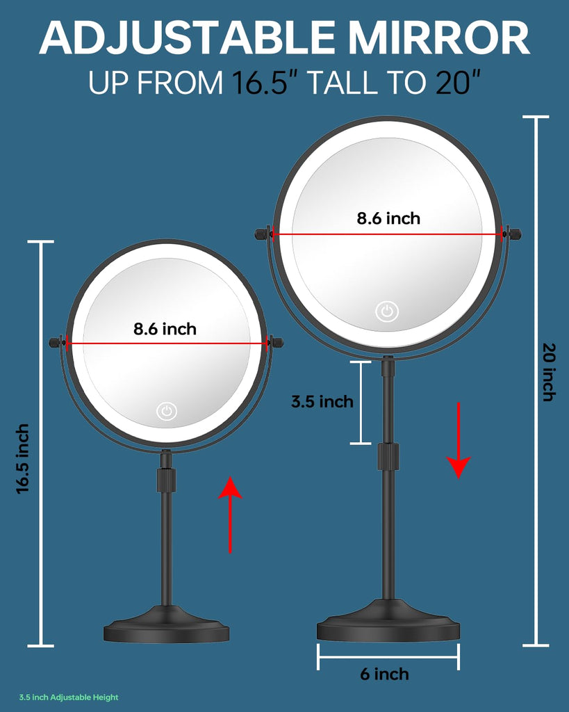 9" Tall Lighted Makeup Mirror with Lights and 1X 10X Magnification, Black