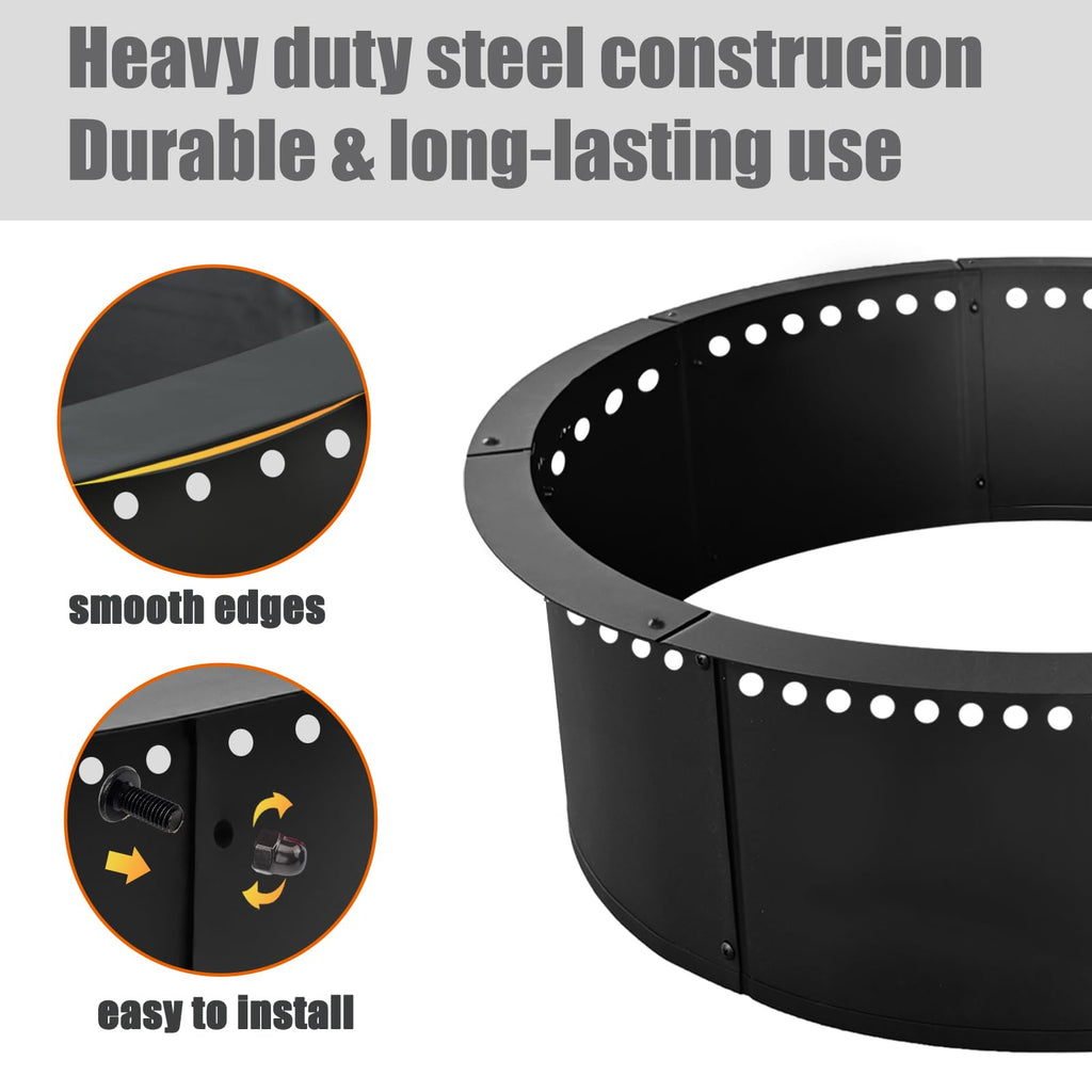 Outdoor 52-Inch Outer/48-Inch Inner Fire Pit Ring Smokeless, Duty Solid Metal Steel Round Firepit Rim Insert for DIY