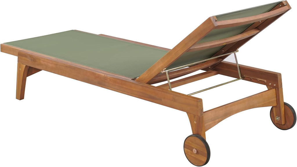 Chaise Lounge Chair Outdoor, Acacia Wood Frame Sunbathing Pool Lounger, Adjustable Backrest Single Lounge