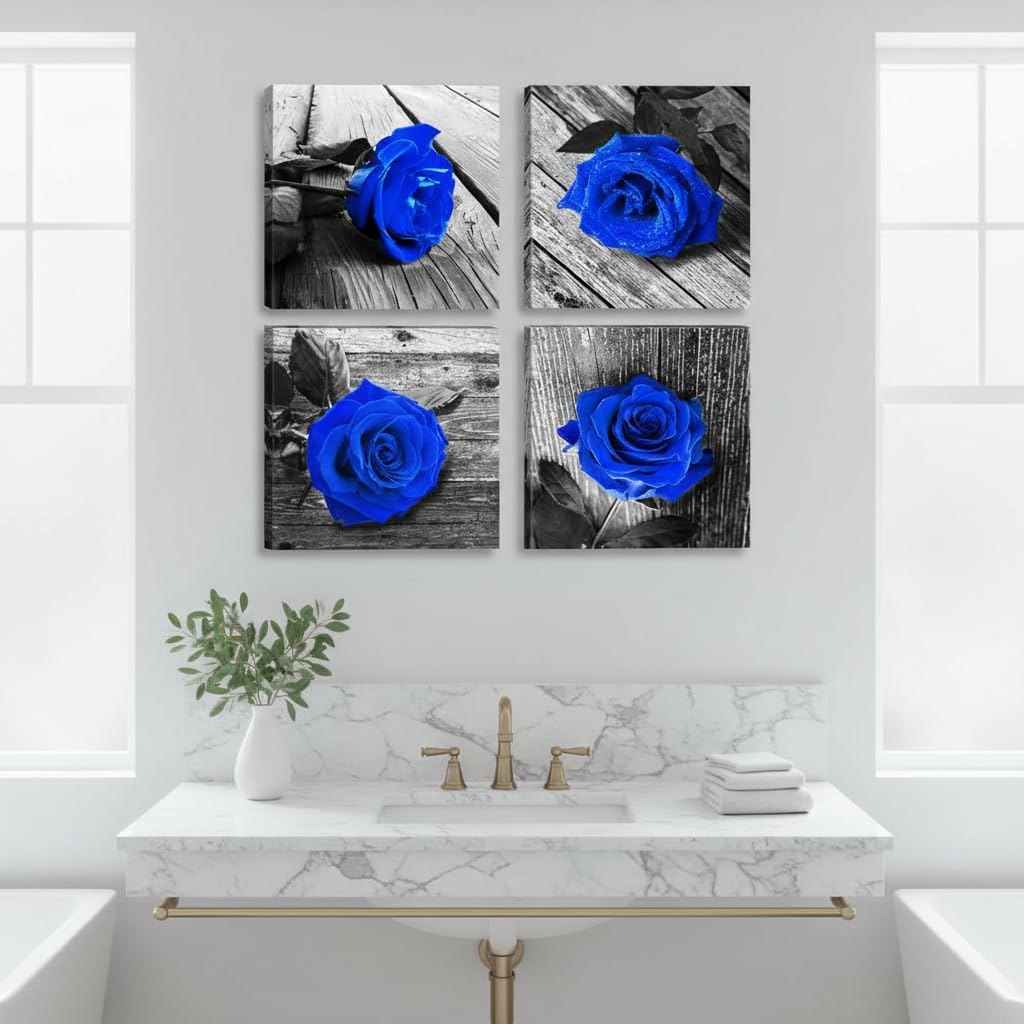 4-Piece Royal Blue Rose Pictures Wall Decor, Canvas Art 12x12in