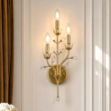 Gold Crystal Wall Sconce, 3-Light Floral Vine Candle Wall Light