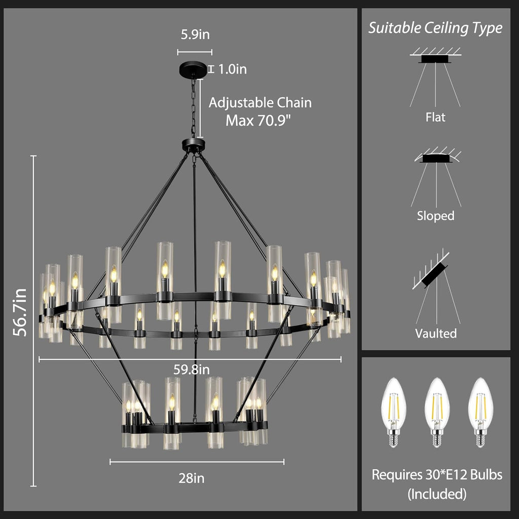 2 Tier Black Wagon Wheel Chandelier, 60 Inch Farmhouse Chandelier with Glass Tube, 30-Light Large Round Chandeliers for Dining Room, Living Room, Bedroom and Entryway A115-B0F29N96NH