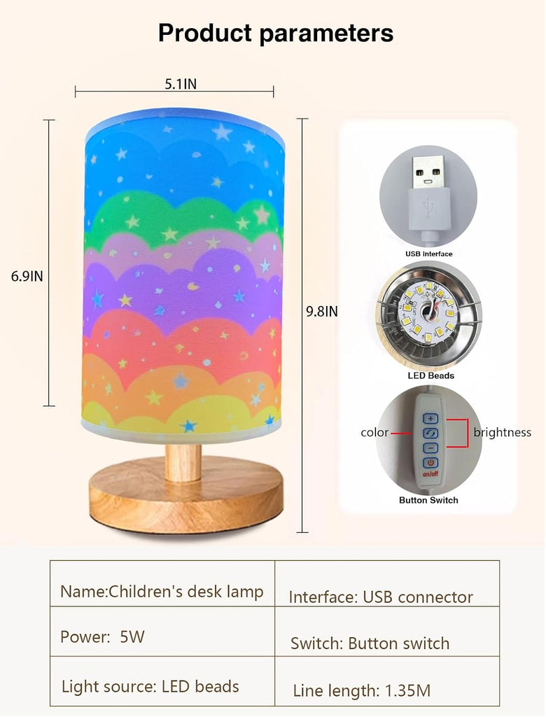 Kids Table Lamp, Rainbow Lamp, 3 Level Dimmable Wood Nightstand Desk Base Flaxen Fabric Shade Living Room,Rainbow