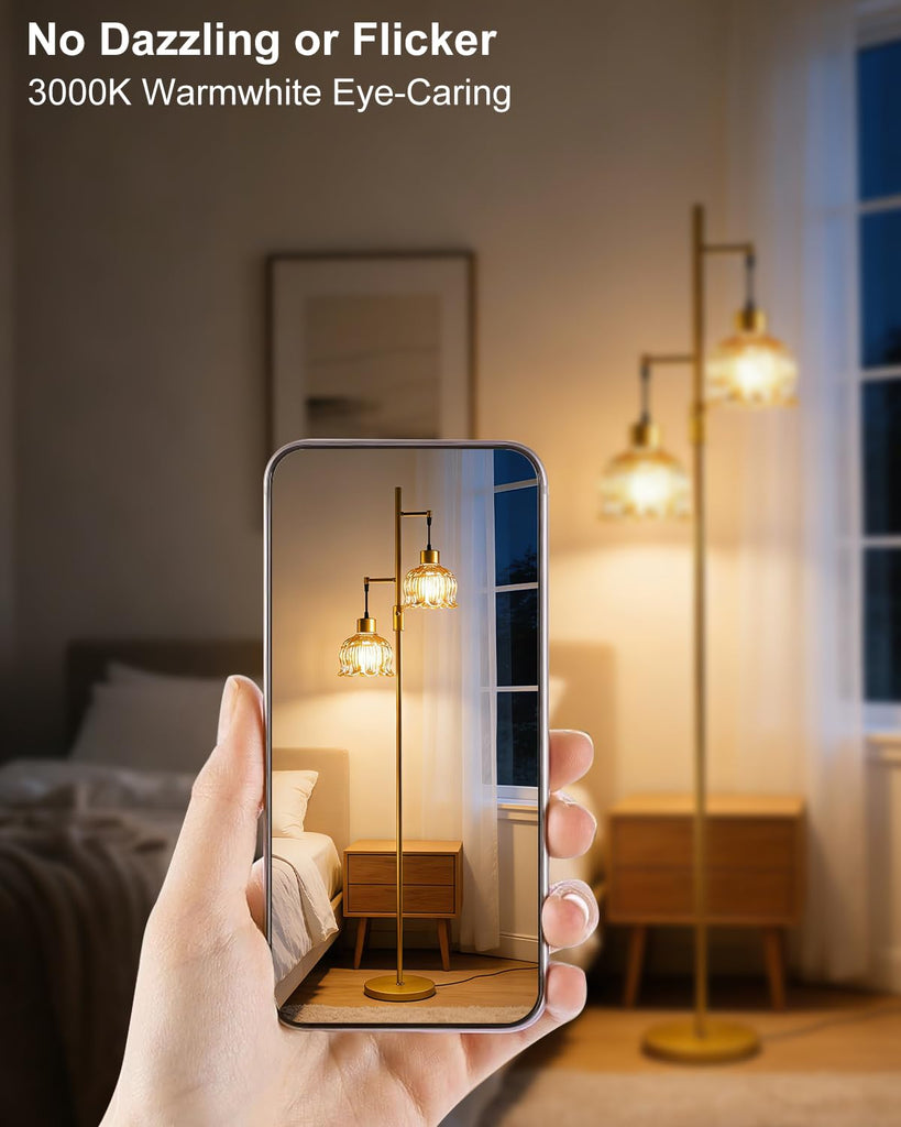 Amber Flower Glass Floor Lamp 2-Light Dimmable Gold Tall Lamps