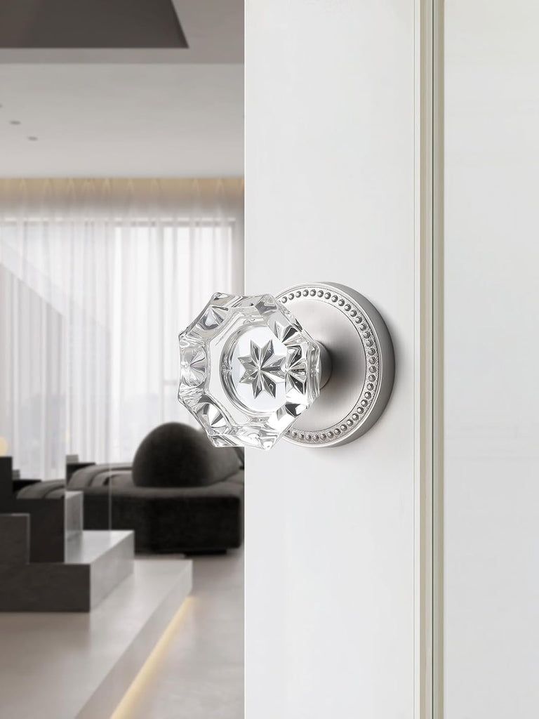 Door Knob Brushed Nickel Passage Crystal Glass Interior 1 Pack