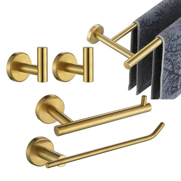 Bathroom Hardware Set, 5-Piece Bath Accessories Set Brass Gold Wall Mount Includes 24 in Towel Bar, 9 in HT Bar, TP