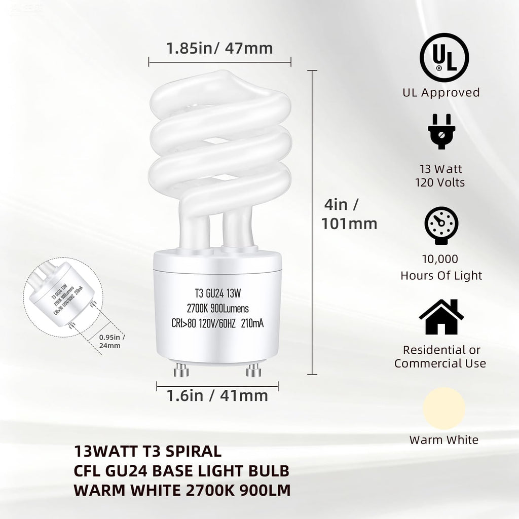 GU24 13Watt 2700K 900lm CFL Light Bulbs Warm White
