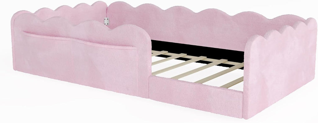 Upholstered Floor Bed with Guardrail, Montessori Kids Bed Frame with Round Fence, Pink