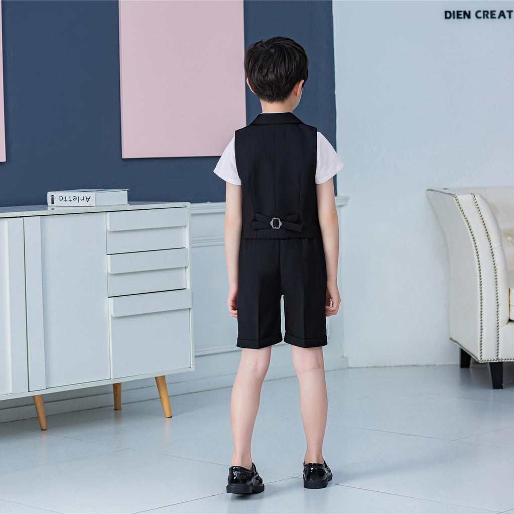 4Pcs Boys Suit, Kids Summer Dress Outfits Shirt Vest Shorts Bow Tie