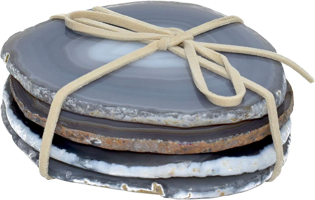 Natural Agate Stone Coasters Polished Geode Drink Mats for Dining & Coffee Table & Kitchen Decor No Dye - Set of 4