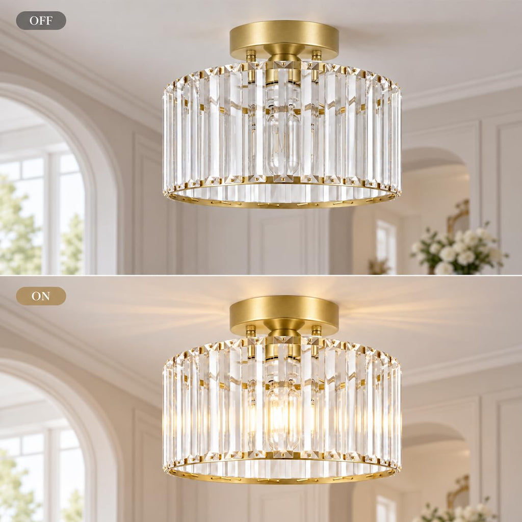 Crystal Ceiling Light Fixture, Modern Semi Flush Mount Ceiling Light, Gold Hallway Lighting Fixtures Chandelier