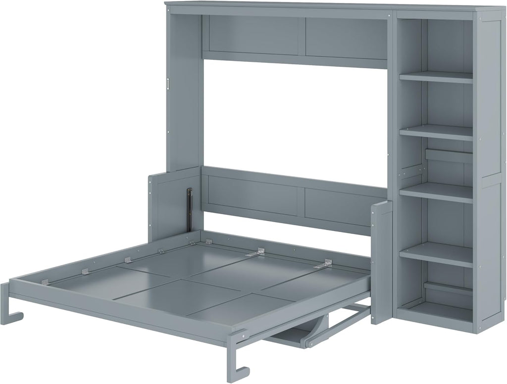 Queen Murphy Bed with Desk and Storage Shelves,Wood Hideaway Murphy Wall Bed with Storage Bookcase for Adults (Grey)