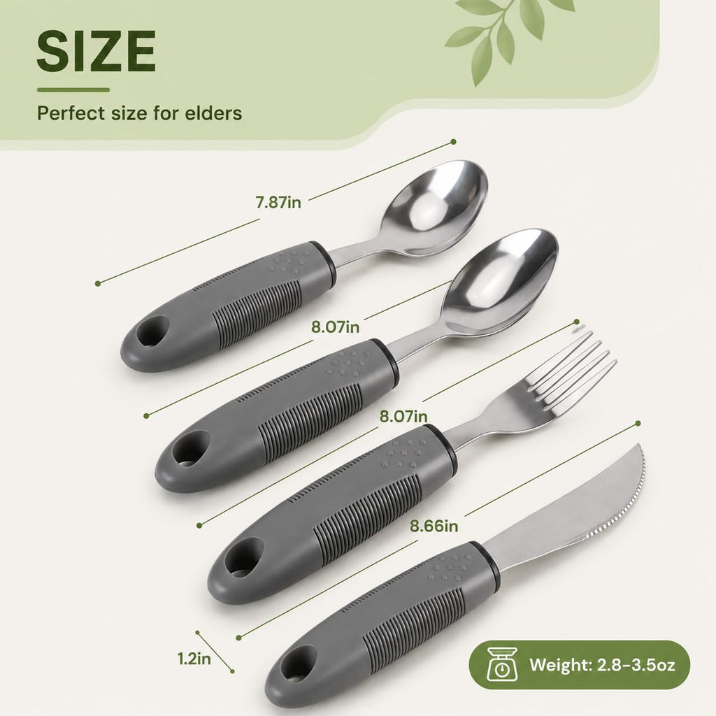 Adaptive Utensils 4-Piece Set - Weighted Utensils for Parkinson's & Hand Tremors, Built-Up Non-Slip Handles