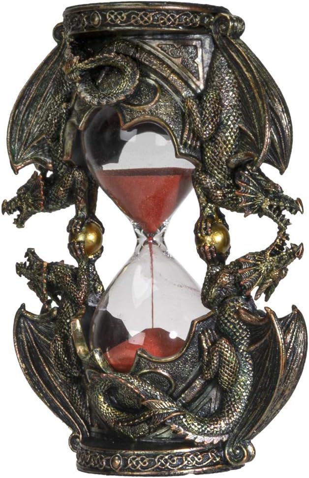 Gothic Fantasy Double Twin Dragons Sandtimer Red Sand Hourglass Sculptural Decor 7.4 inches Tall
