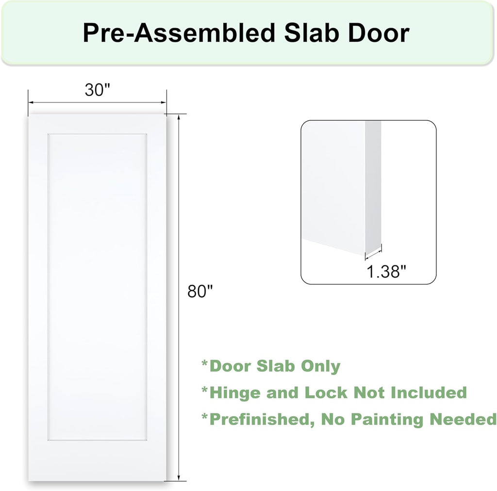 30"x80" 1-Panel Prefinished Laminate White Hollow Core Door Slab, Pre-Assembled Waterproof Shaker Style Interior Door