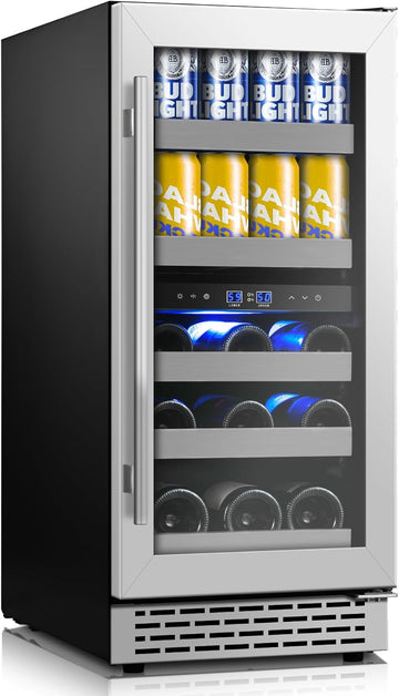 15 Inch Wine and Beverage Refrigerator,13 Bottle & 48 Cans Dual Zone Beverage Fr