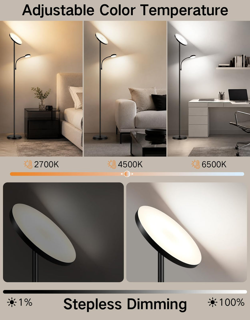 LED Torchiere Floor Lamp with Reading Light, Dimmable Standing Lamp