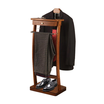 Wood Clothes Valet Stand with Tray, Floor Standing Suit Valet Stand with Drawers and Front Trouser Rack, Men's Valet