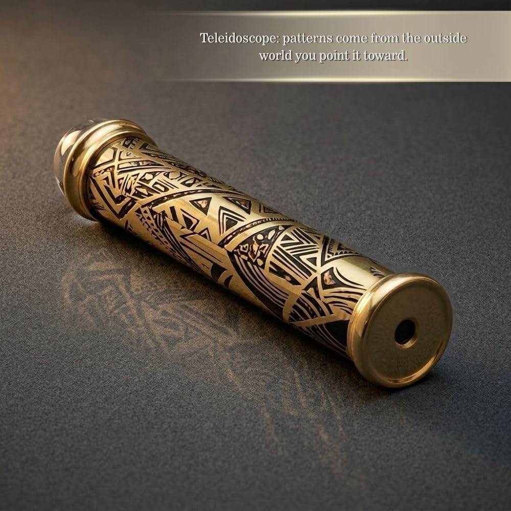 Brass Teleidoscope with Tribal Art Etched Barrel - Polished Lacquer-Coated, Front Surface Mirror, Crystal Ball Lens